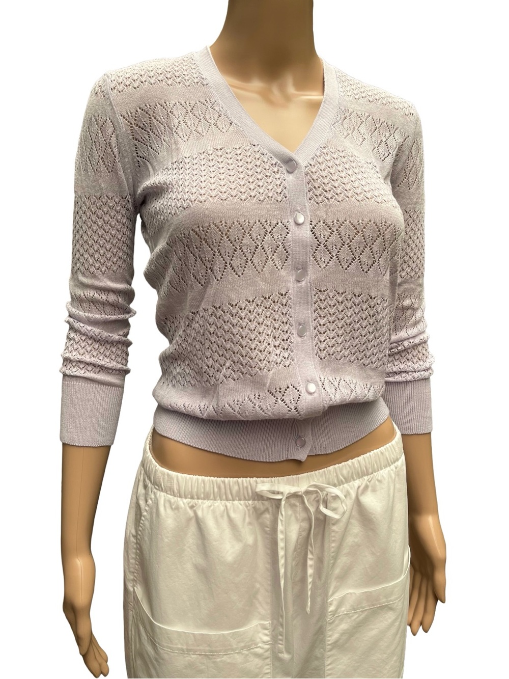 Alfred Sung Lilac Pointelle Knit Cardigan XS